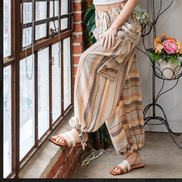 OLI & HALI WASHED 3D STRIPE WIDE LEG CARGO PANTS WOMEN’S SUMMER CARGO PANTS #109 - Picture 2 of 5